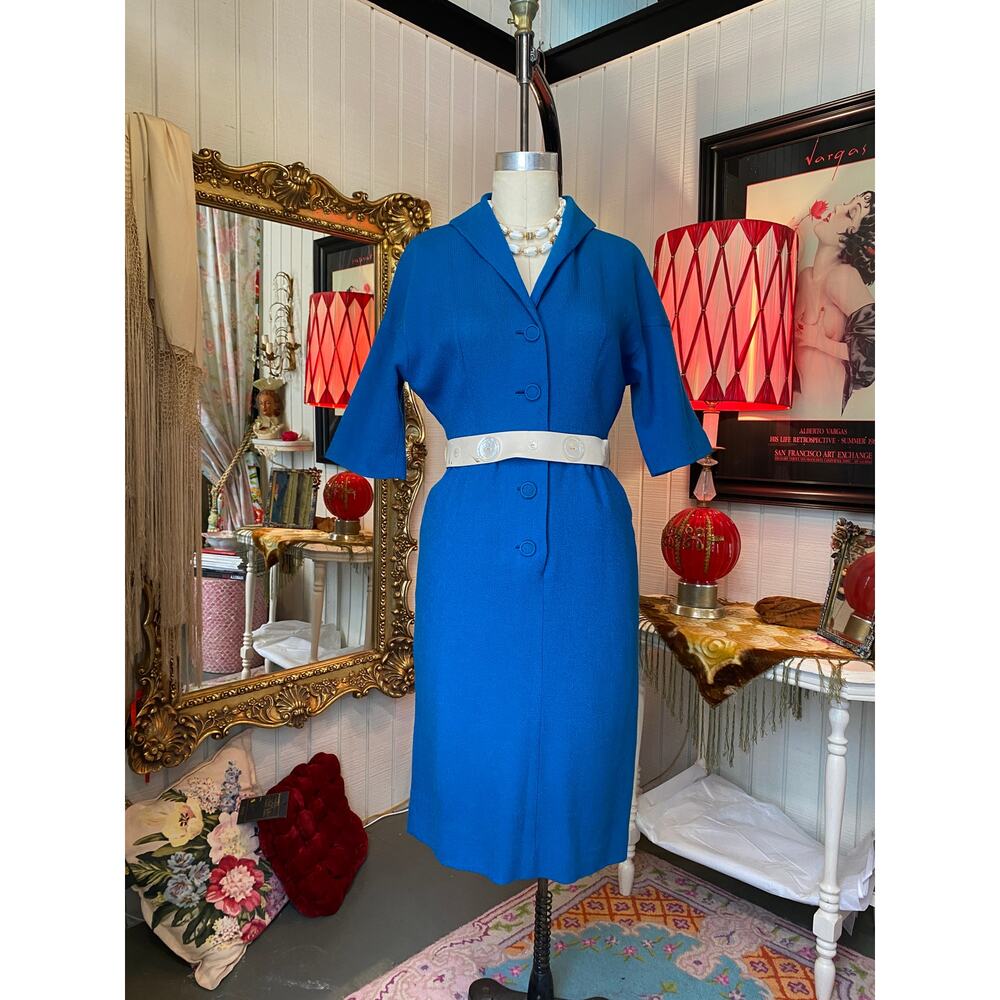 vintage 1950s blue wool wiggle dress hourglass 50s fashion maisel s/m anjac mcm